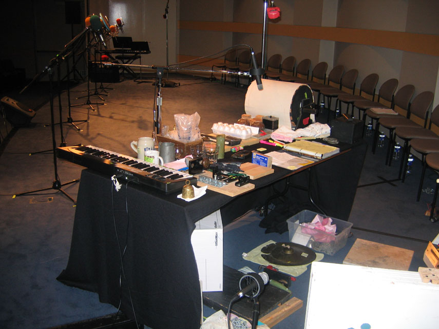 Radio sound effects table, stage-left