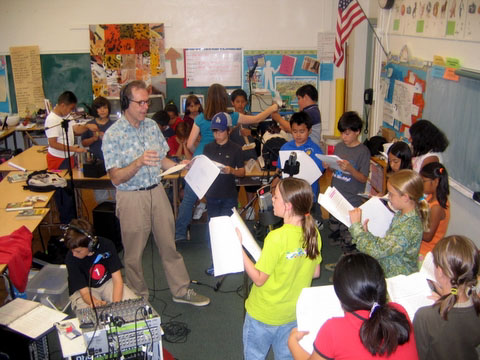 Tony Palermo conducting radio drama workshop with 4th graders